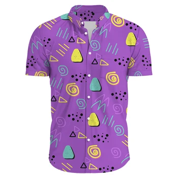 мужская рубашка на пуговицах с флуоресцентной цветной 3D печатью, мужская рубашка Aloha, мужские повседневные социальные запонки, рубашка с короткими рукавами