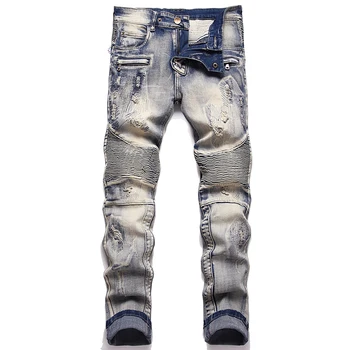 Мужские байкерские джинсы в стиле ретро, рваные, облегающие, стрейчевые, плиссированные брюки, модная повседневная уличная одежда, Размер 28-42, мужская повседневная одежда