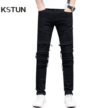 Мужские черные джинсы Стрейч в стиле хип-хоп, плиссированные, приталенные, потертые, залатанные, уличная одежда, джинсы для мото и байкеров, джинсовые брюки для мужчин