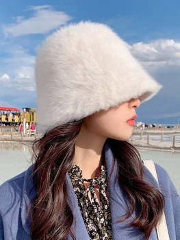 Новая Белая зимняя женская шапка рыбака с плюшевым характером из кроличьего плюша, Корейская версия, универсальное ведро, теплый тазик, шапочка для длинных волос
