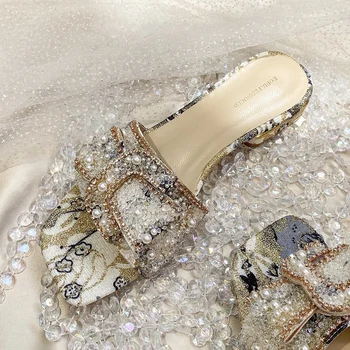 Новое поступление Роскошной обуви, Женские дизайнерские свадебные туфли-лодочки для девочек, Женские босоножки на квадратном каблуке, женские вечерние туфли со стразами