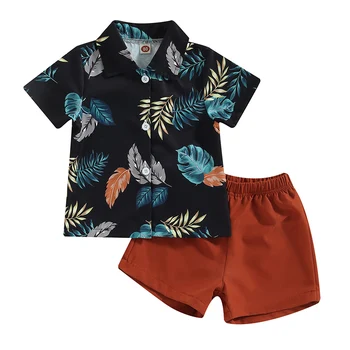 Новые Летние комплекты одежды для маленьких мальчиков, Тропическая рубашка с коротким рукавом и пуговицами + шорты, повседневная одежда для мальчиков