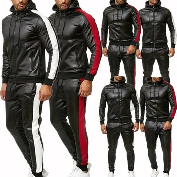 Новый мужской комплект из искусственной кожи, повседневный спортивный костюм, куртка и брюки, соединяющие костюм, спортивные костюмы