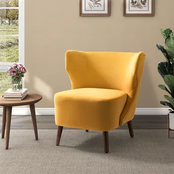 Односторонний стул из массива дерева горчичного цвета в современном стиле с элегантной тканью, удобный для столовой, гостиной