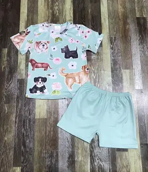 Оптовая продажа, Летняя одежда для мальчиков и девочек, детская голубая Розовая рубашка с мультяшной собачкой, Шорты, Модная детская одежда