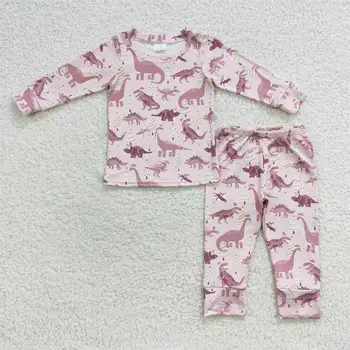 Оптовая продажа Рождественской розовой пижамы, детская рубашка с длинными рукавами, комплект с динозаврами, штаны, детская одежда, пижама для маленьких девочек, ночная одежда
