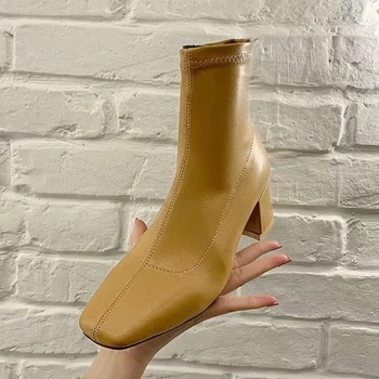Осенние ботинки 2023 года, Новые женские короткие ботинки на толстом каблуке с квадратным носком, Модные ботильоны Челси на толстой подошве Botas De Mujer