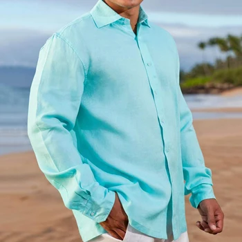 Осенние хлопчатобумажные льняные рубашки для мужчин Повседневные рубашки с длинными рукавами Блузки с однотонным отложным воротником Официальные пляжные рубашки Мужская одежда