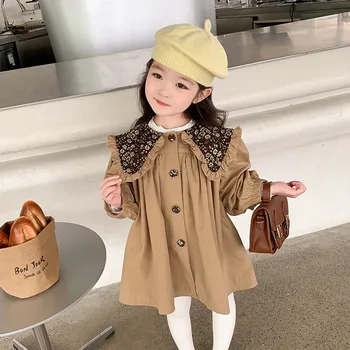 Осень 2023 года, Новый корейский стиль, Модное пальто цвета Хаки для девочек с деревянным воротником свободного кроя