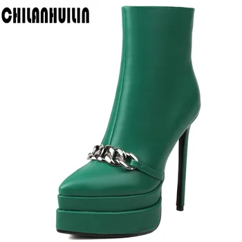 пикантные женские ботильоны на высоком каблуке с металлической цепочкой на шпильке, пинетки из искусственной кожи с острым носком, черно-зеленая дизайнерская обувь, женские туфли-лодочки