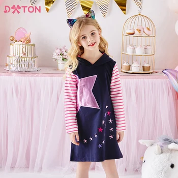 Платья с капюшоном для девочек DXTON Хлопчатобумажные толстовки с аппликацией в виде звезды Платье с длинным рукавом Осень Зима Полосатое Повседневное платье Детская одежда