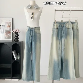 Потертые джинсы на шнуровке, женские летние 2023, новые прямые широкие брюки, свободные брюки, винтажные брюки для швабры