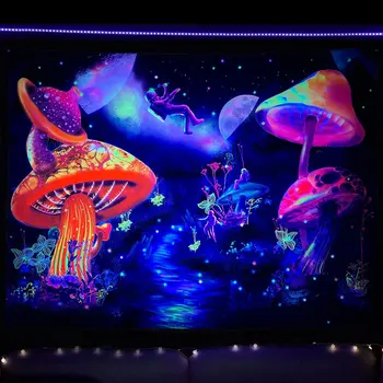 Психоделический черный Светло-грибной флуоресцентный гобелен, Гобелены, реагирующие на ультрафиолетовое излучение, Гобелены, висящие на стенах, Гобелен в стиле хиппи, украшение домашней комнаты