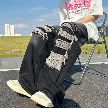 Рваные джинсы Harajuku, мужские широкие брюки, оверсайз, темная одежда в стиле хип-хоп, джинсовые брюки, мужская повседневная Японская уличная одежда с отверстиями