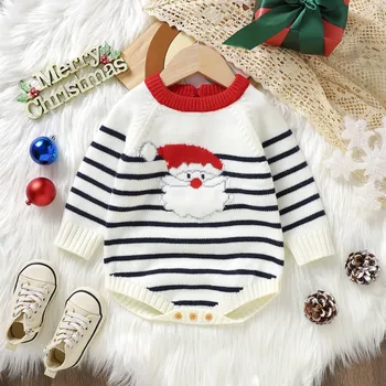 Рождественский вязаный комбинезон для новорожденных мальчиков и девочек, свитер в полоску с длинным рукавом Санта, Свитер для девочек, Размер 8, Детское платье на 1 месяц