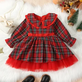 Рождественское Красное платье для девочек от 6 М до 4 лет для маленьких Девочек, вечерние платья-пачки из тюля в клетку с бантом, кукольный воротник, Детские Новогодние Рождественские Костюмы