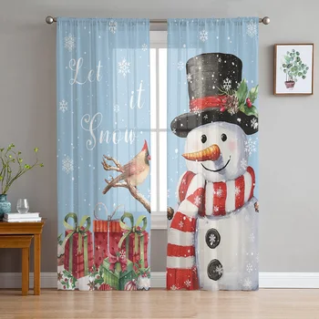 Рождество Зима Снежинка Снеговик Синие прозрачные шторы для гостиной Современные вуалевые шторы для спальни Тюлевые шторы для окон