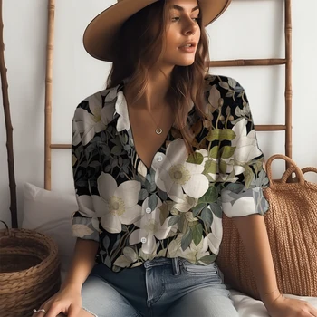 Рубашка с 3D-принтом цветов и листьев, женская пляжная повседневная рубашка, весна-осень, простая рубашка с длинными рукавами, свободные мягкие топы-рубашки
