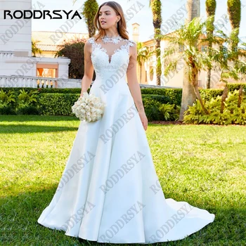 Свадебное платье RODDRSYA Illusion с высоким воротом, без рукавов, Трапециевидное атласное платье Vestido Novia, кружевные аппликации, свадебные платья без спинки, сшитые на заказ
