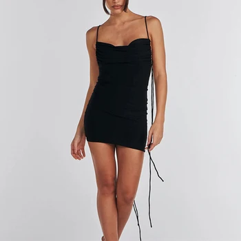 Сексуальное мини-платье с бретельками и открытой спиной, женское элегантное однотонное вечернее платье на шнуровке, женские модные Тонкие плиссированные платья без рукавов 2023 г.