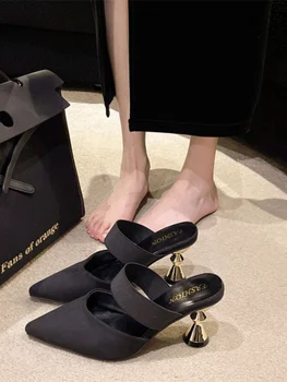 Туфли на высоком каблуке, женские тапочки из флока с закрытым носком, женские шлепанцы 2023 Pantofle, роскошные шлепанцы, черные сандалии, Новый дизайн Med