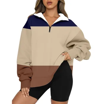 Удлиненная толстовка для женщин; Женский пуловер на молнии большого размера с длинным рукавом; свитшоты для девочек-юниорок без капюшона; потертый топ для женщин