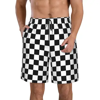 Черно-белый клетчатый узор, подростковые пляжные брюки, спортивные шорты, летние мужские пляжные шорты для плавания, подходящие для занятий фитнесом.