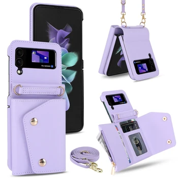 Чехол для Z Flip 4 из ударопрочной кожи через плечо, держатель для кредитной карты, сумка, карман, чехол для телефона Samsung Galaxy Z Flip3
