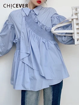 Шикарные рубашки в стиле пэчворк с рюшами Для женщин, длинный рукав с лацканами, Сращенные пуговицы, Сплошные складки, Асимметричная осенняя Корейская блузка Женская