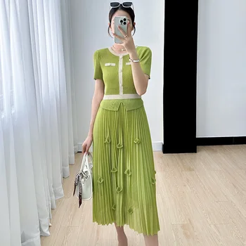 Элегантное платье Miyake с короткими рукавами, элегантность Advanced Sense, Плиссированные поддельные два платья в стиле пэчворк, женские летние новинки 2023 г.