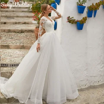Элегантные свадебные платья с иллюзионными аппликациями на длинных рукавах, Кружевные Прозрачные свадебные платья Трапециевидной формы сзади, летние пляжные Свадебные платья Vestido De Noivas