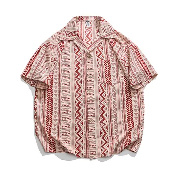 Японская мужская рубашка с короткими рукавами и принтом, 2023, Летняя новинка, Свободная повседневная футболка для путешествий в этническом стиле, рубашка для пары, Синяя, красная